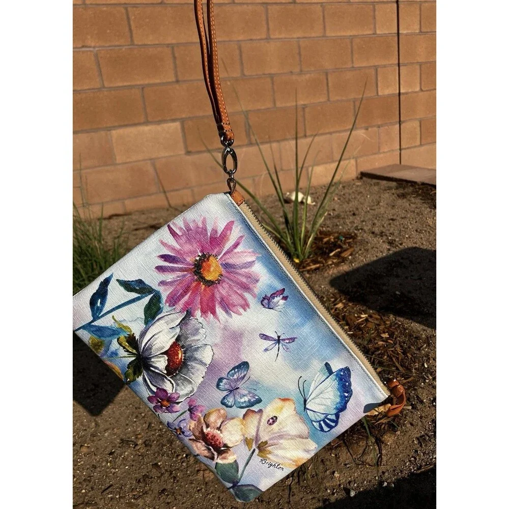 Brighton Belle Jardin Wristlet Clutch Purse Floral Butterfly Printed Leather